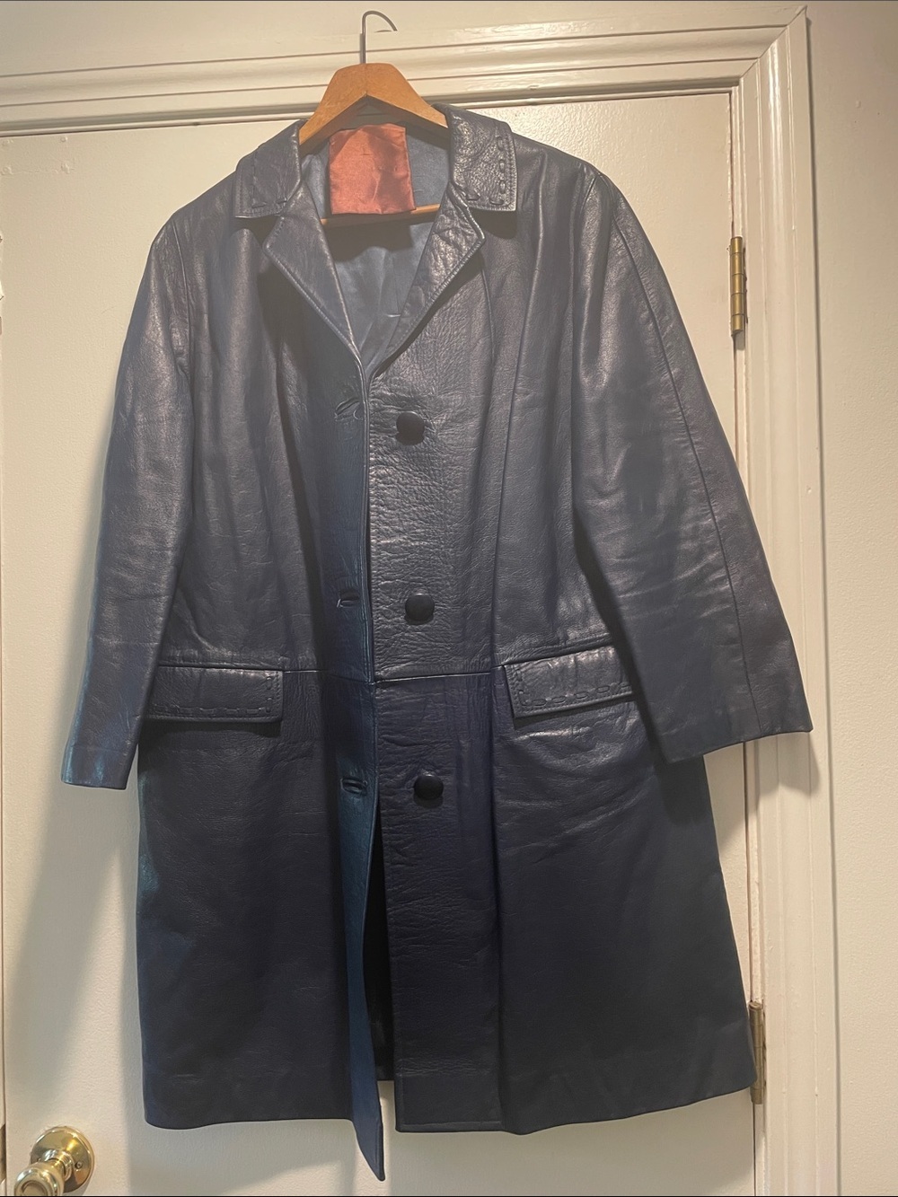 Classic Vintage Navy Blue Leather Coat Long Leather Coat